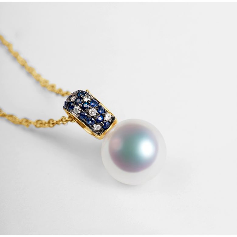Pendentif Kino, Perle Akoya Japon. Or jaune, diamants et saphirs - 4