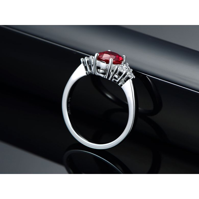 Bague Fiançailles Rubis, Diamants, Or blanc. Douce France - 5