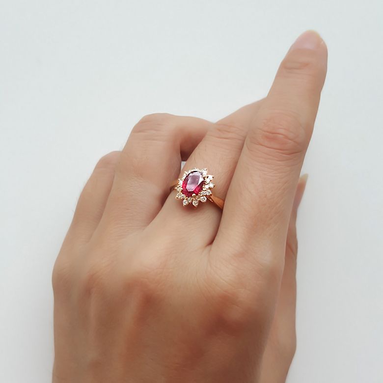 Bague rubis Or jaune. Double pavage diamants. Inspiration florale - 3