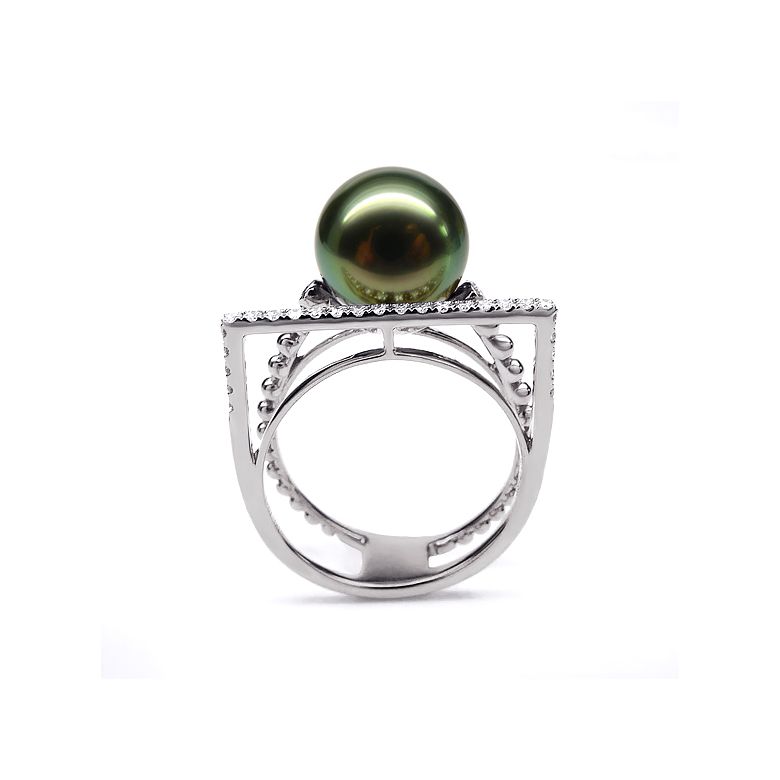 Bague perle de Tahiti, Or blanc, diamants - Saperlipopette - 6