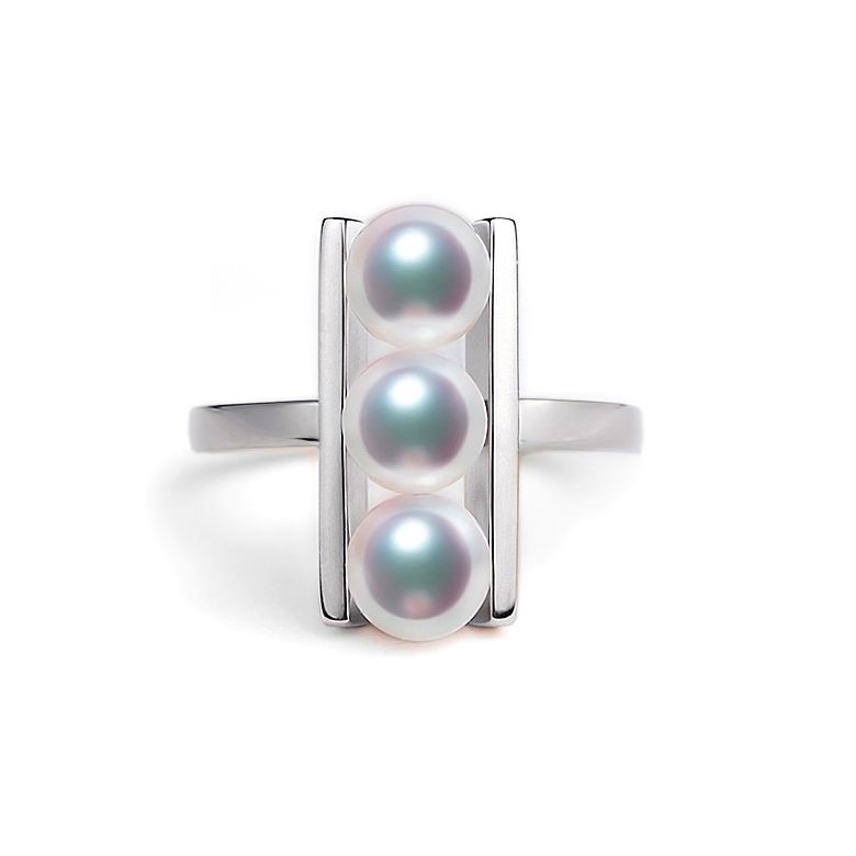 Bague 3 perles Akoya alignées et or blanc 18 carats - 1