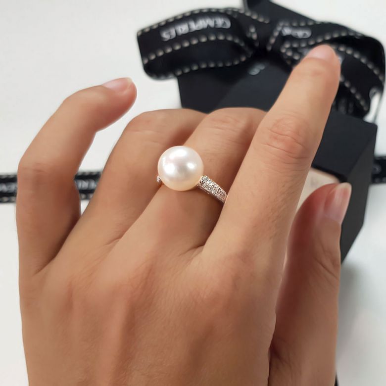 Bague de Perle de Culture Eau Douce blanche, Or blanc Diamants - 2