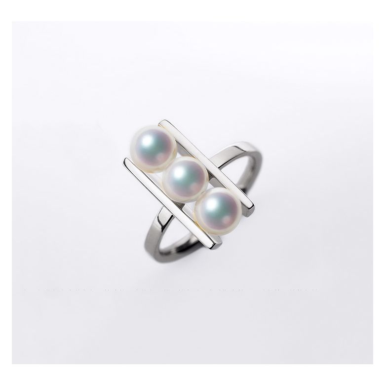 Bague 3 perles Akoya alignées et or blanc 18 carats - 9