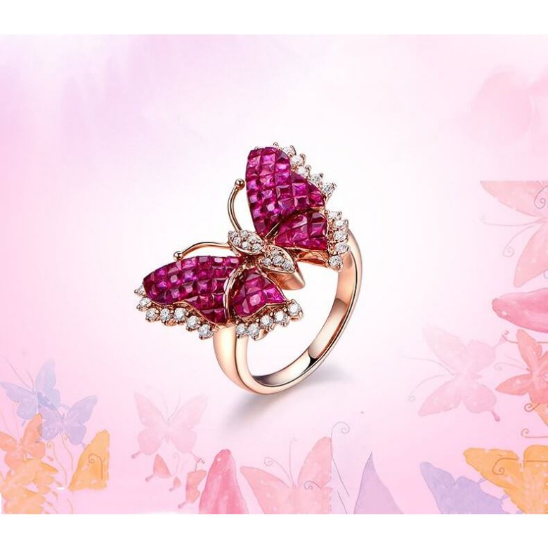 Bague Papillon argent. Rubis Birmanie, Or rose et diamants - 8