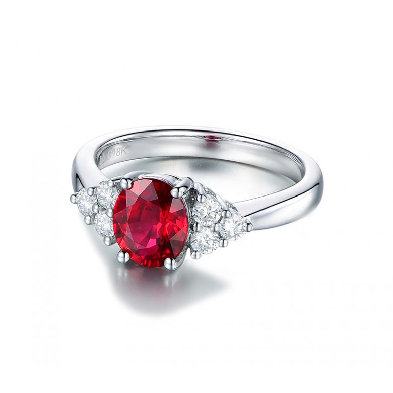 Bague Fiançailles Rubis, Diamants, Or blanc. Douce France - 7