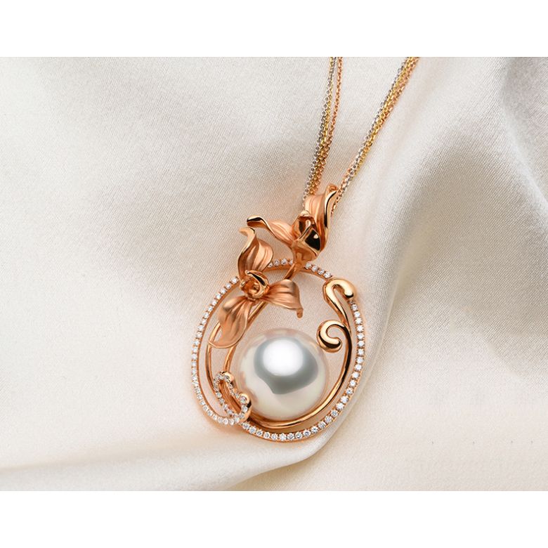 Pendentif Orchidée Or rose, diamants et perle d'Australie  - 5