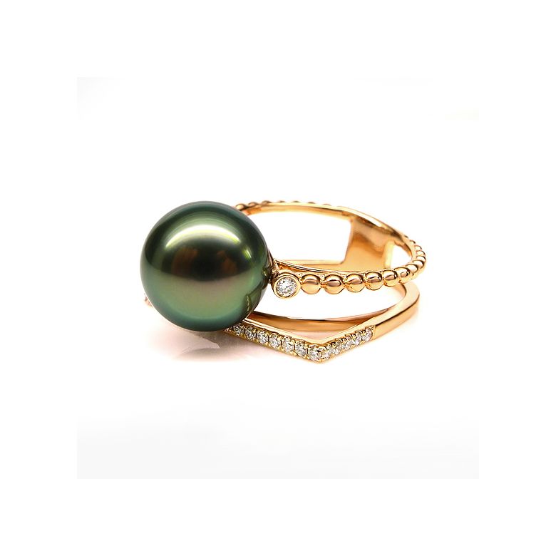 Bague perle de Tahiti, Or jaune, diamants - Saperlipopette - 7