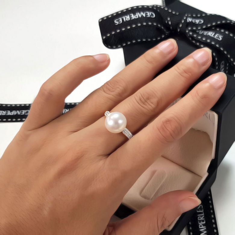 Bague de Perle de Culture Eau Douce blanche, Or blanc Diamants - 3
