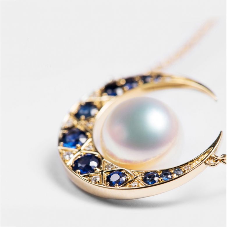 Pendentif Mikadzuki I Perle Akoya Saphir. Croissant de Lune - 10