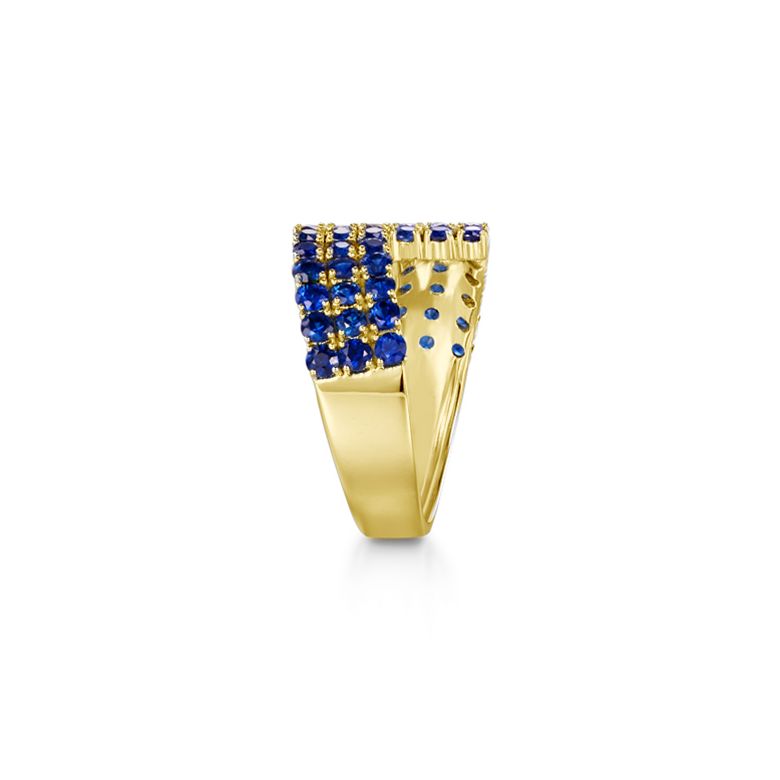 Bague contemporaine or jaune. Pavage géométrique saphir  - 9