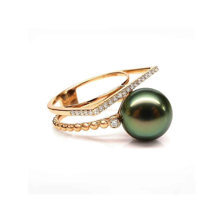 Bague perle de Tahiti, Or jaune, diamants - Saperlipopette - 8