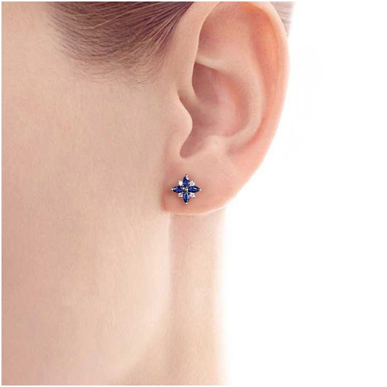 Boucle oreille fleur saphir bleu, diamant, or blanc - Véronique des ruisseaux - 4