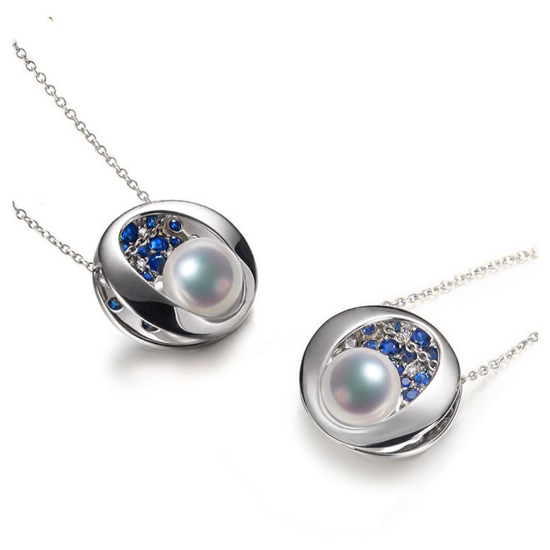Pendentif constellation seiza I Perle Akoya, diamant, saphir, or blanc - 9