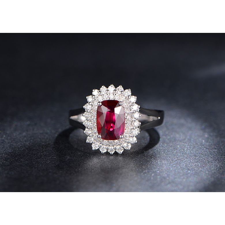 Bague rubis sertie d'une double rangée de diamants. Or blanc - 5