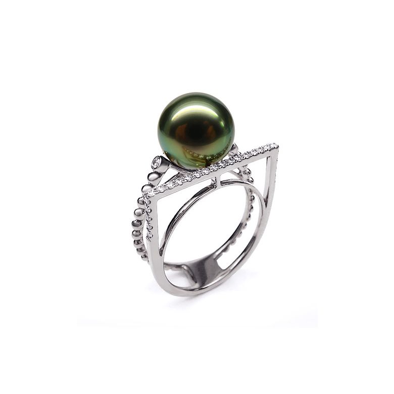 Bague perle de Tahiti, Or blanc, diamants - Saperlipopette - 10