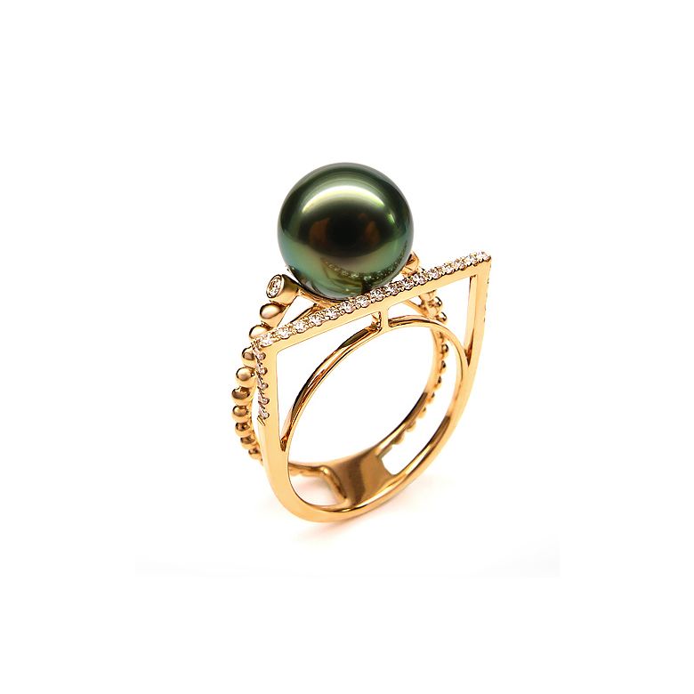 Bague perle de Tahiti, Or jaune, diamants - Saperlipopette - 6
