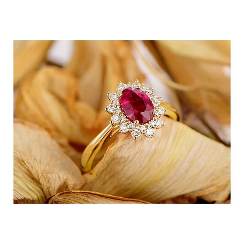 Bague rubis Or jaune. Double pavage diamants. Inspiration florale - 7