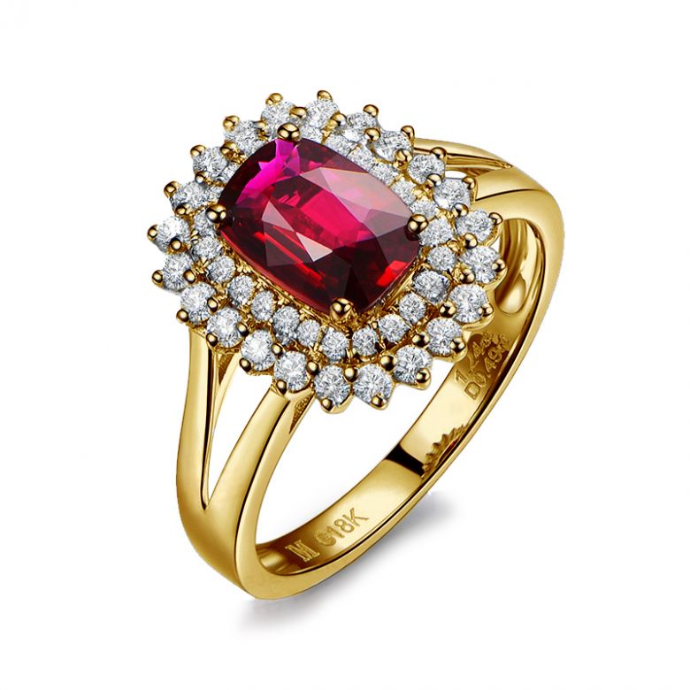 Bague rubis sertie d'une double rangée de diamants. Or jaune - 1