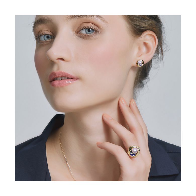 Boucle oreille perle Akoya I Constellation saphir diamant I Seiza, Or jaune - 11