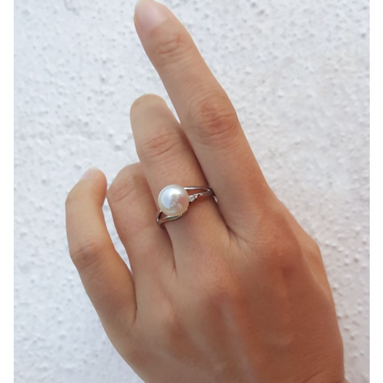 Bague feuille de style or blanc - Perle eau douce blanche, diamants - 3