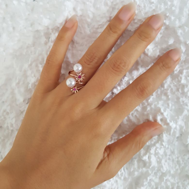Bague or rose Toi et Moi Perles Akoya. Fleurs, Saphirs roses - 6