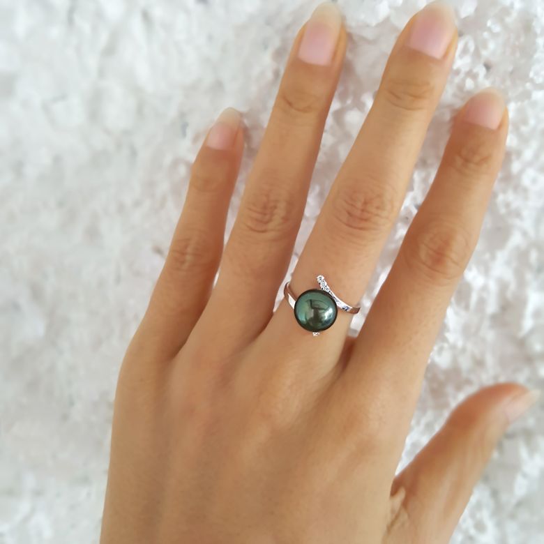 Bague solitaire ondulée - Perle de Tahiti - Or blanc, diamants - 2