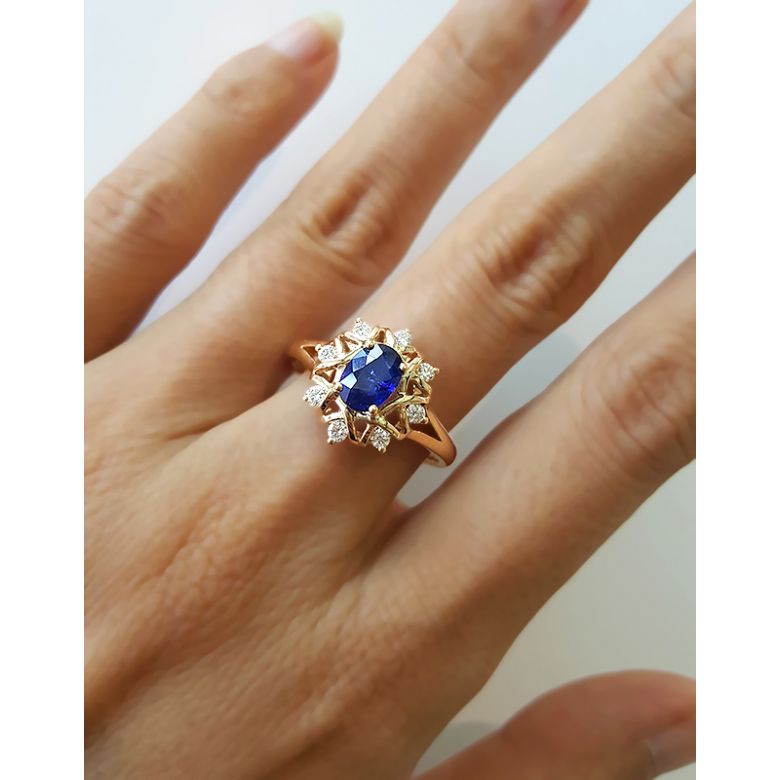 Bague fiancailles fleur saphir et diamants. Solitaire Or jaune - 3