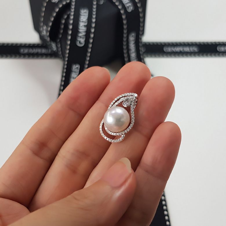 Pendentif goutte d'or blanc et diamants - Perle d'Australie blanche - 5
