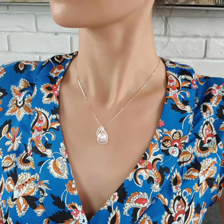 Pendentif goutte d'or blanc et diamants - Perle d'Australie blanche - 4