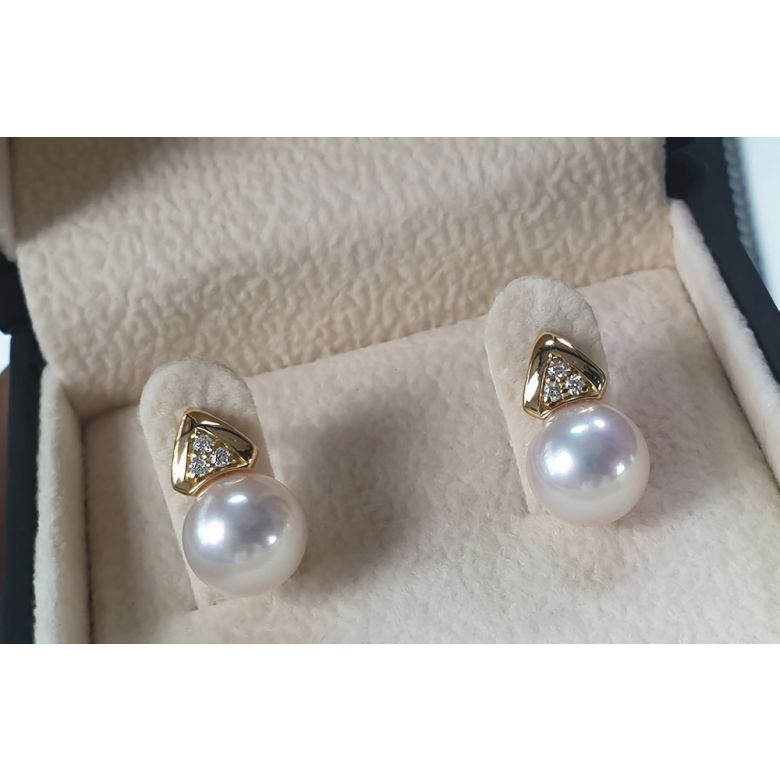 Boucles oreilles triangulaires. Perles Akoya Japon, Or jaune, Diamants - 11