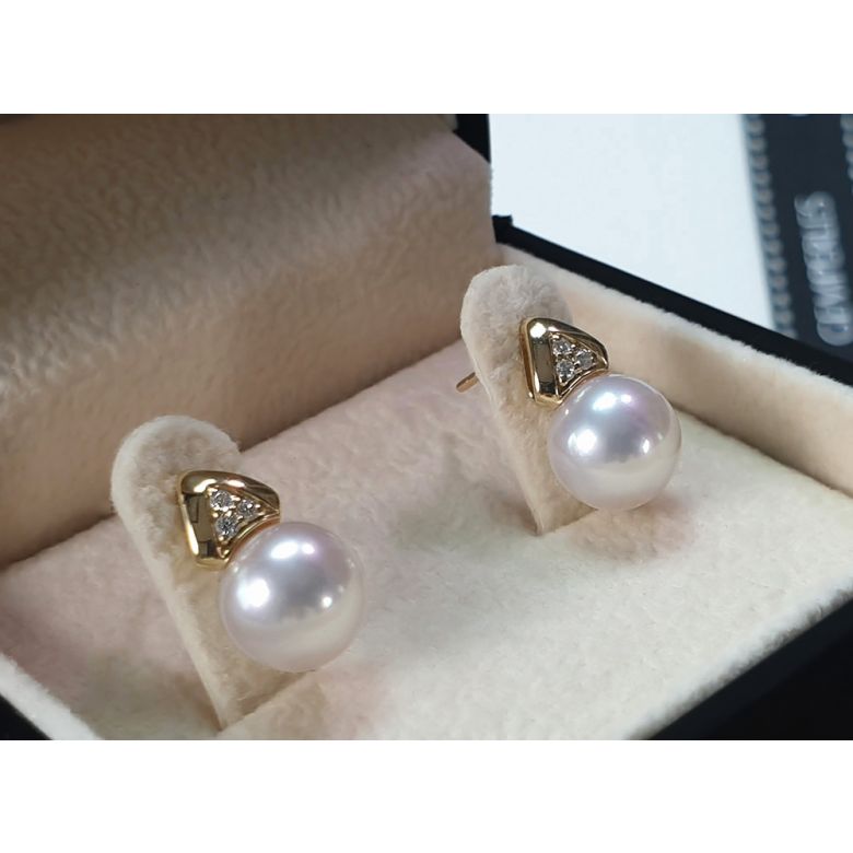 Boucles oreilles triangulaires. Perles Akoya Japon, Or jaune, Diamants - 12