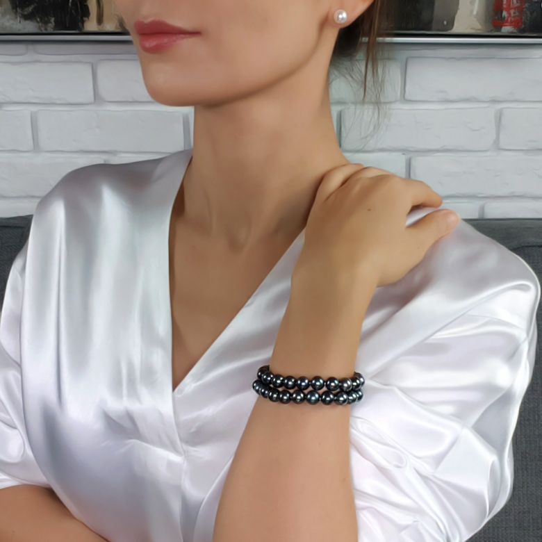 Bracelet Double Perles Eau Douce Noires - 7/7.5mm, AAA - 5