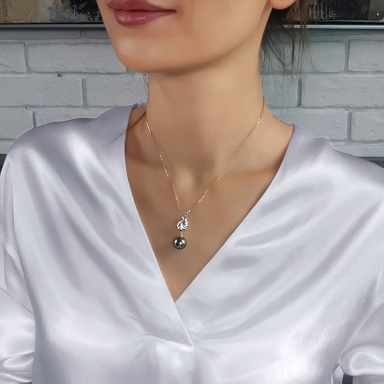 Pendentif symbole liberté - Pendentif aile perle de Tahiti - Or blanc, diamants - 2
