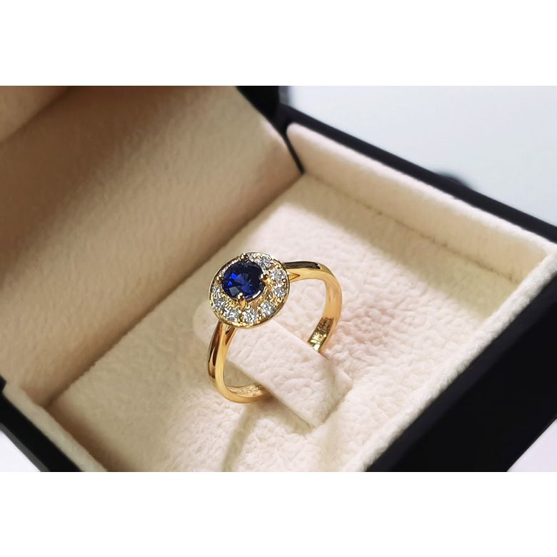 Bague fiançailles solitaire. Saphir bleu Or jaune et diamants - 8