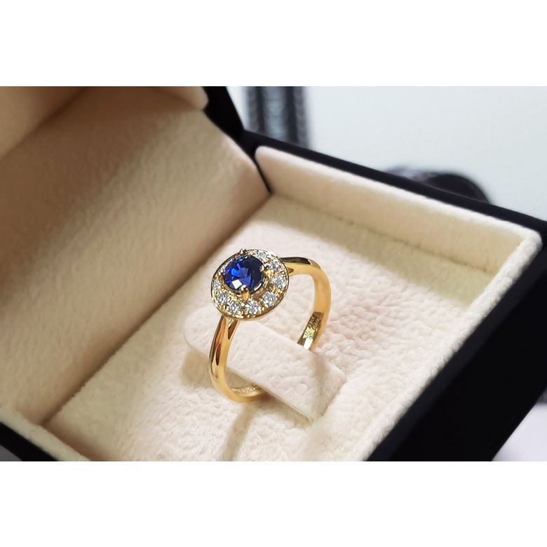 Bague fiançailles solitaire. Saphir bleu Or jaune et diamants - 9
