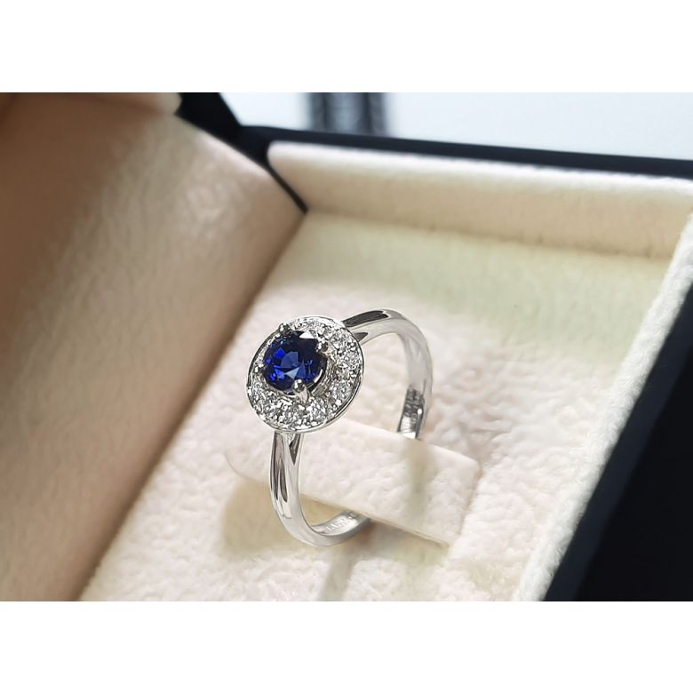 Bague fiançailles solitaire. Saphir bleu Or blanc et diamants - 9