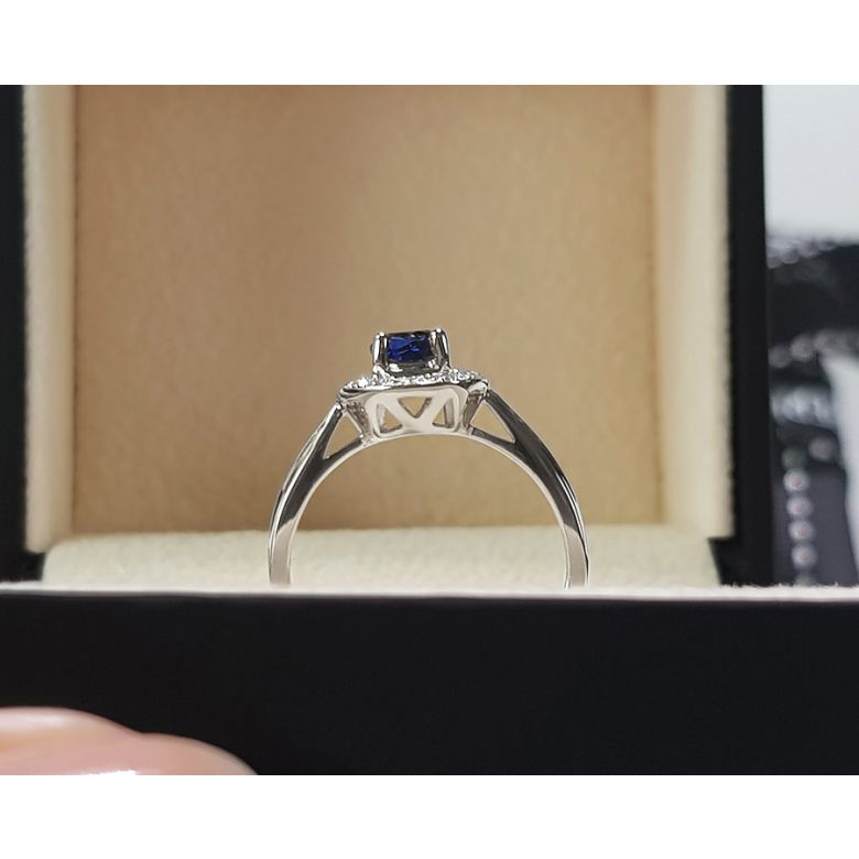 Bague fiançailles solitaire. Saphir bleu Or blanc et diamants - 8