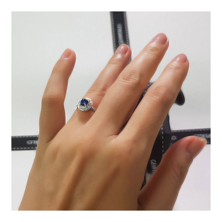 Bague fiançailles solitaire. Saphir bleu Or blanc et diamants - 7