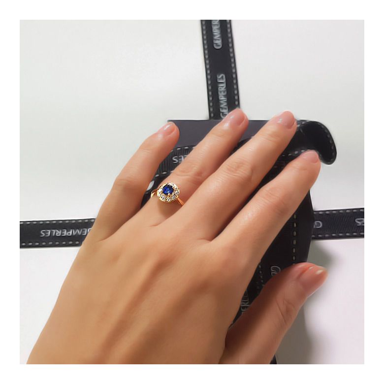 Bague fiançailles solitaire. Saphir bleu Or jaune et diamants - 10