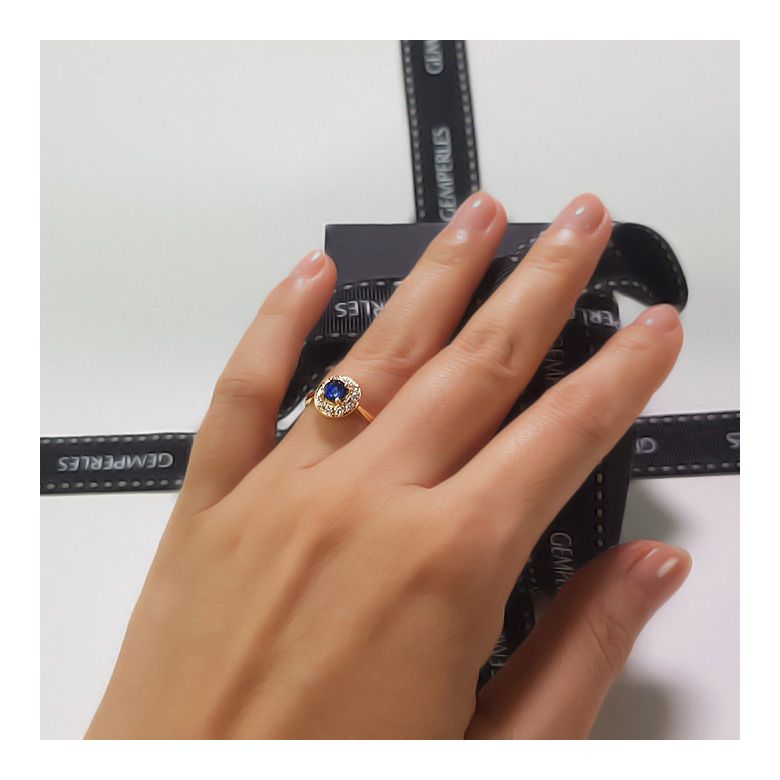 Bague fiançailles solitaire. Saphir bleu Or jaune et diamants - 11