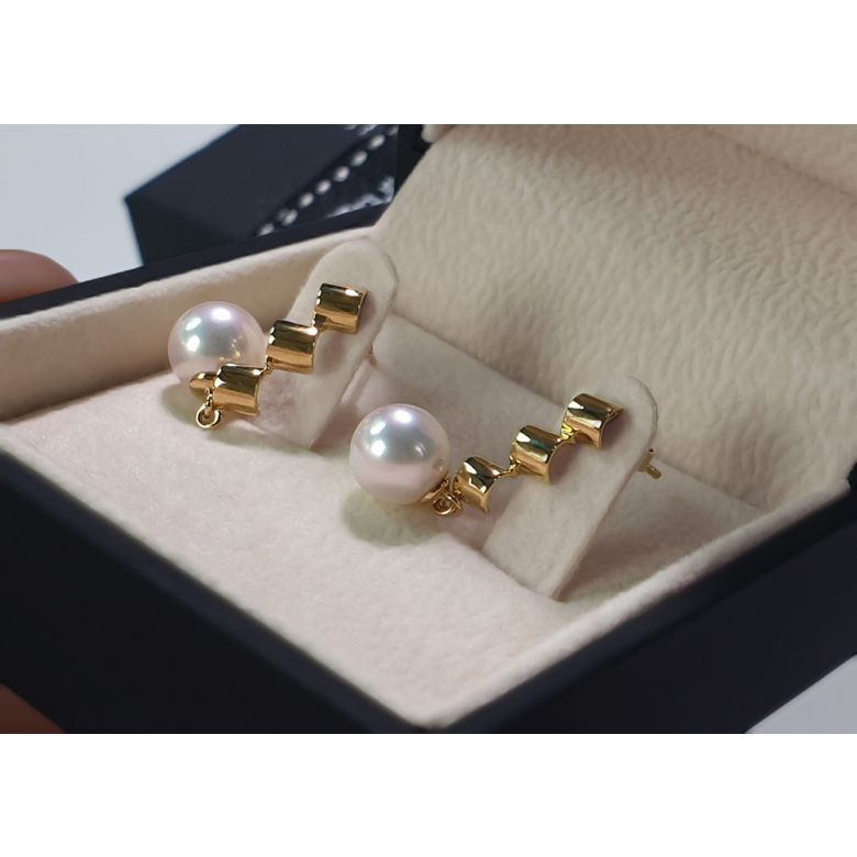 Boucles d'oreilles pendantes - Or jaune - Perles de culture - Akoya - 7/7.5mm - 5
