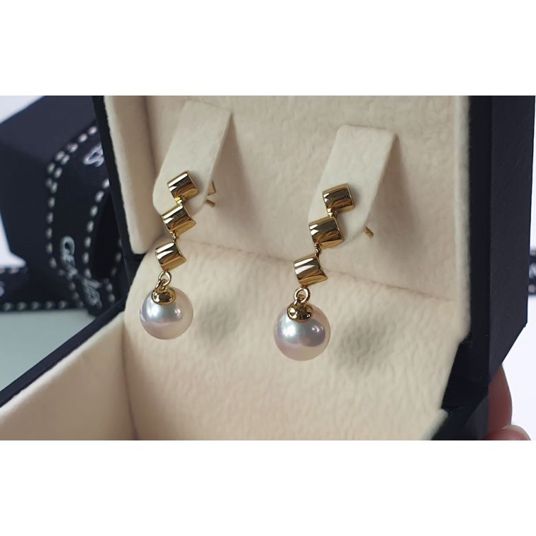 Boucles d'oreilles pendantes - Or jaune - Perles de culture - Akoya - 7/7.5mm - 6