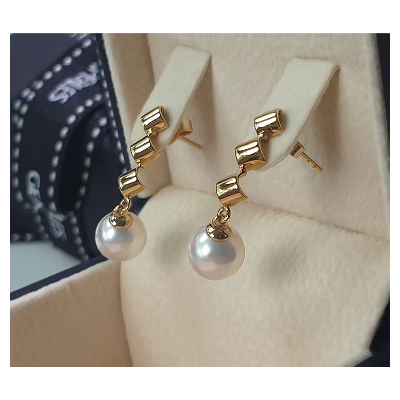 Boucles d'oreilles pendantes - Or jaune - Perles de culture - Akoya - 7/7.5mm - 7