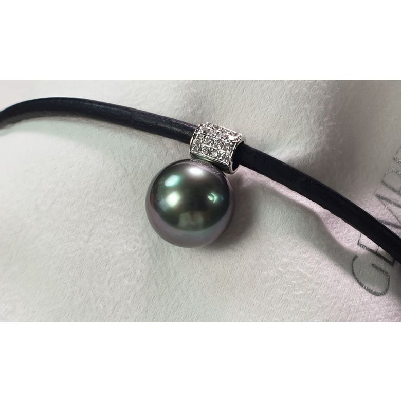 Collier pendentif Perle de Tahiti . Cordon cuir, or blanc, diamants - 5