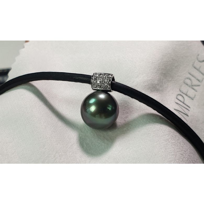 Collier pendentif Perle de Tahiti . Cordon cuir, or blanc, diamants - 6