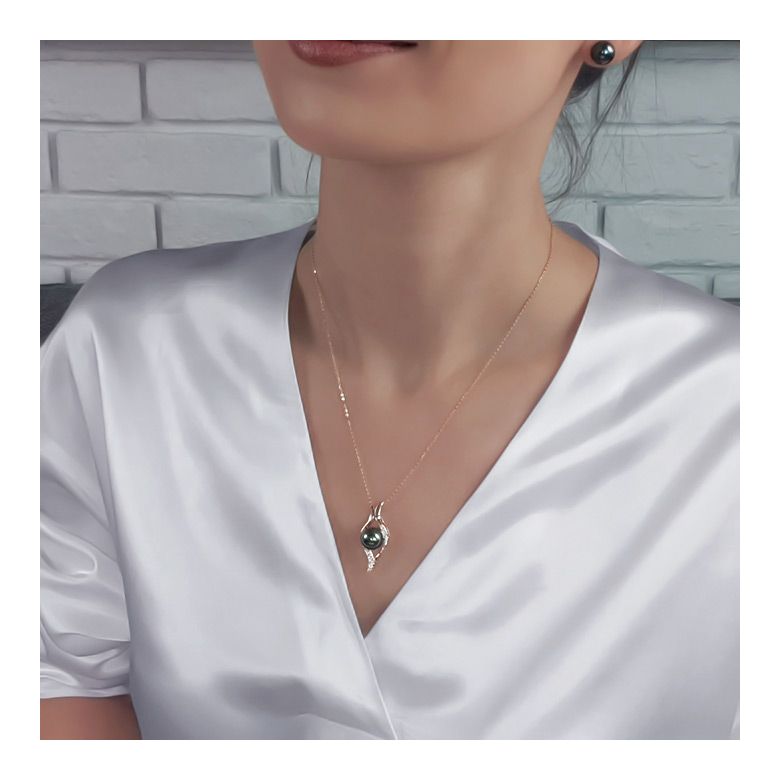 Pendentif barrettes incurvées or jaune - Perle de Tahiti, diamants - 2