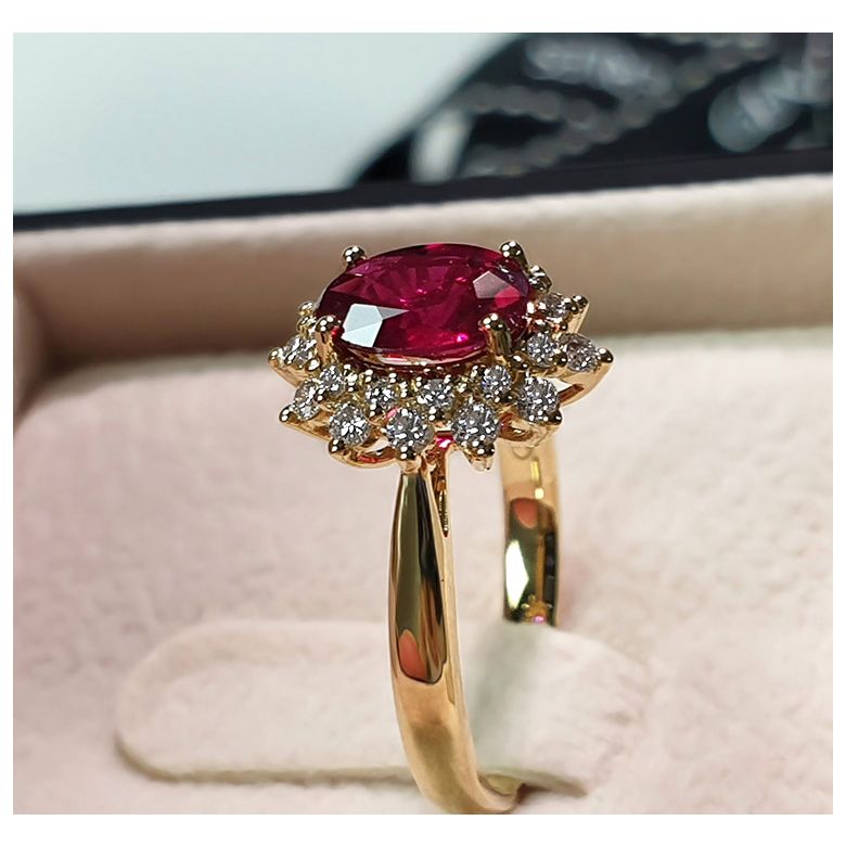 Bague rubis Or jaune. Double pavage diamants. Inspiration florale - 8