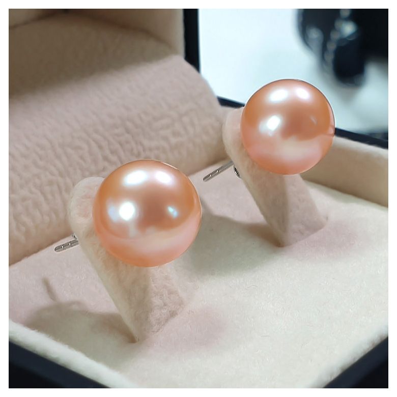 Boucles d'oreilles clous. Perles roses 8/9mm. Or blanc - 6