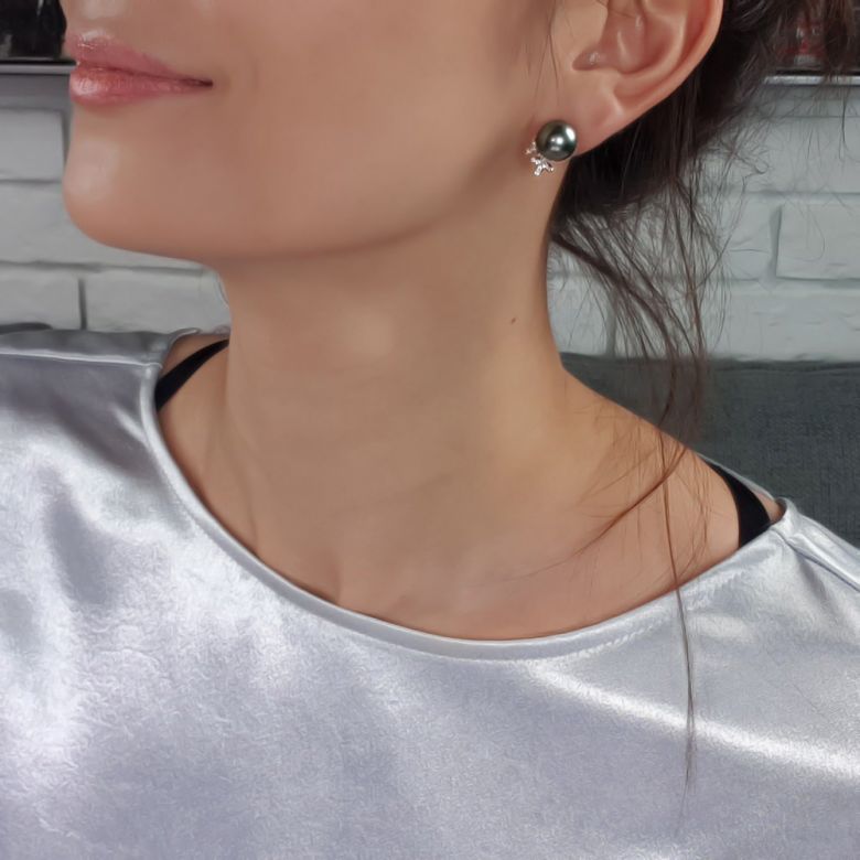Boucles oreilles perles Tahiti motifs floraux - Or blanc, diamants - 4