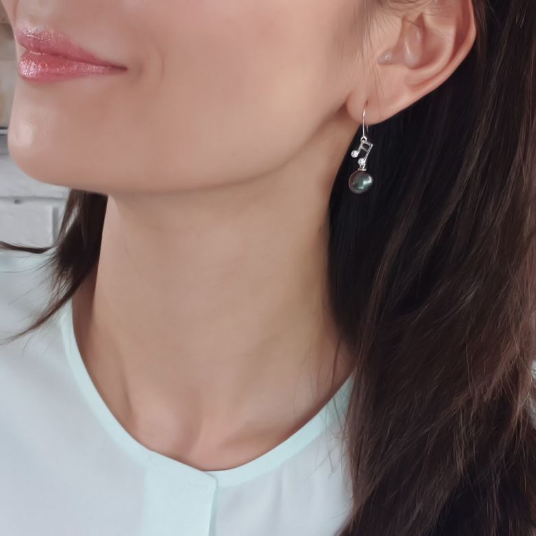 Boucles d'oreilles notes de musique - Crochets or blanc - Perles de Tahiti - 2